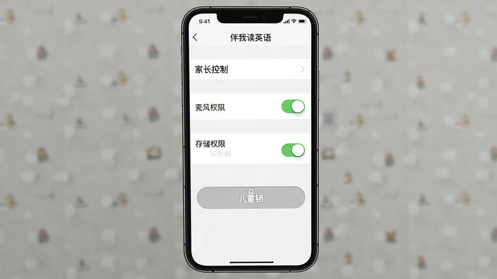 一张展示“伴我读英语”家长控制与权限设置界面的示意图。主体为手机屏幕,显示设置菜单中的“家长控制”选项和权限开关列表。布局为手机竖屏,背景为白色简洁风格。细节包括麦克风权限开关、存储权限开关和儿童锁按钮。画质清晰,干净,无多余元素。