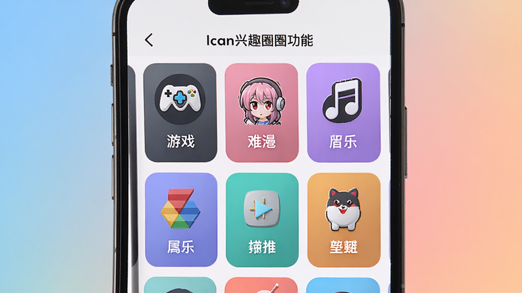 展示Ican兴趣圈子功能的场景图,画面中手机屏幕显示多个圈子卡片,每个卡片上有不同的图标和名称,如游戏、动漫、音乐等,卡片以网格状排列,界面色彩丰富但和谐,背景为柔和的渐变色调,整体干净整洁