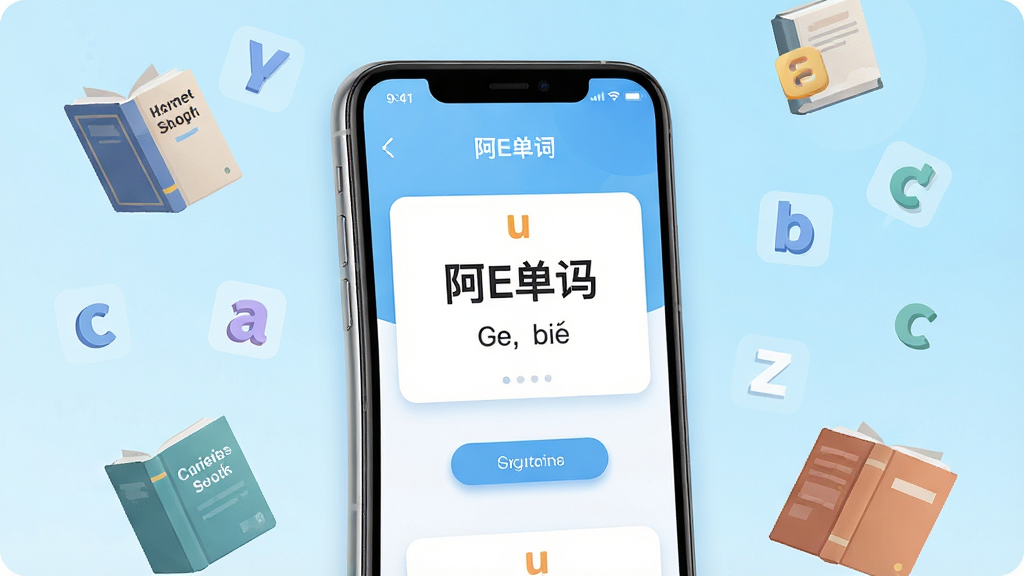 一张展示阿E刷单词软件核心界面的手机样机图,画面中央是一部现代智能手机,屏幕显示着阿E刷单词的学习卡片界面,卡片上写着英文单词和音译,背景为清爽的浅蓝色渐变,周围漂浮着几本英文书籍和字母图标,布局简洁,风格为扁平化科技感,细节包括手机边缘的光泽和界面的按钮阴影,画质高清,干净,无多余元素