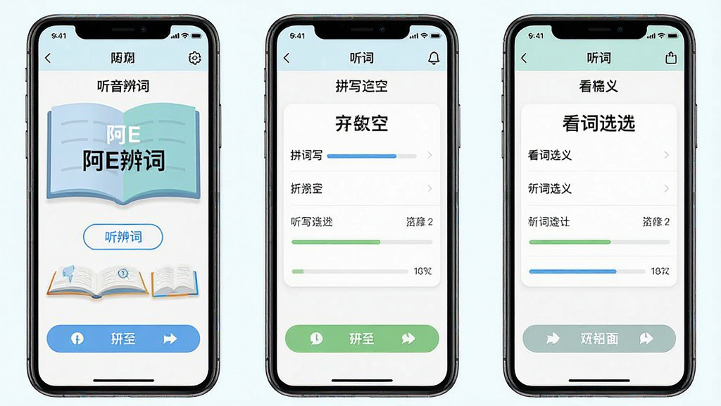 一张展示多种学习模式切换界面的手机截图风格图片,画面中并排展示三部手机,分别显示阿E刷单词的听音辨词界面、拼写填空界面和看词选义界面,布局为横向排列,风格为清新明快的UI设计,细节包括每个界面的按钮颜色和进度条,画质高清,干净,无多余元素