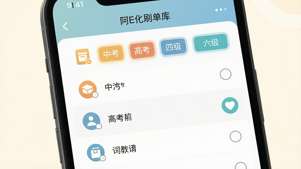 一张展示个性化词库选择界面的手机应用截图,画面中心是一部手机,屏幕显示着阿E刷单词的词库分类列表,包含中考、高考、四级、六级等标签,背景为柔和的米白色,布局简洁,风格为现代教育类APP设计,细节包括列表项的图标和选中状态的高亮效果,画质清晰,干净,无多余元素