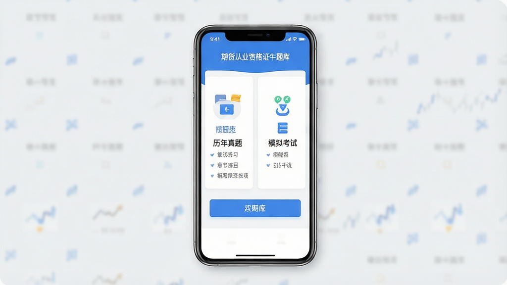 一张展示“期货从业资格证牛题库”手机APP界面的预览图,画面中央是一部竖屏智能手机,屏幕内显示题库首页,包含章节练习、历年真题、模拟考试等功能入口,界面以蓝色和白色为主色调,布局清晰整洁,背景为简洁的浅灰色,风格为现代扁平化UI设计,细节包括图标、按钮和文字标签,画质高清,画面干净,无多余元素。