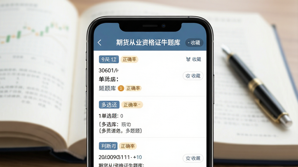 一张展示“期货从业资格证牛题库”题库列表页面的预览图,画面中央是手机屏幕特写,屏幕内显示题目列表和详细解析,包含单选题、多选题和判断题的题型标签,解析文字清晰可见,背景为柔和的书本与笔的虚化场景,风格为教育类APP界面展示,细节包括题目编号、正确率标识和收藏按钮,画质清晰,画面干净,无多余元素。