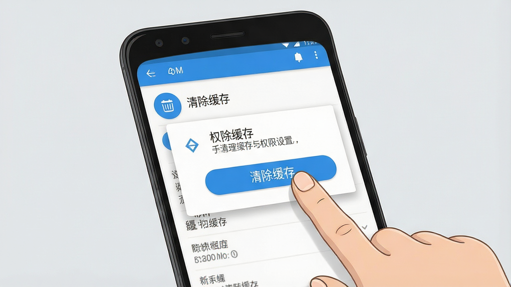 一张展示手机清理缓存与权限设置界面的示意图,画面主体是一部安卓手机,屏幕显示着应用管理界面,手指正点击“清除缓存”按钮,背景为浅灰色,布局清晰,风格为实用教程类插图,细节包括按钮的高亮和弹窗提示,画质高清,干净,无多余元素