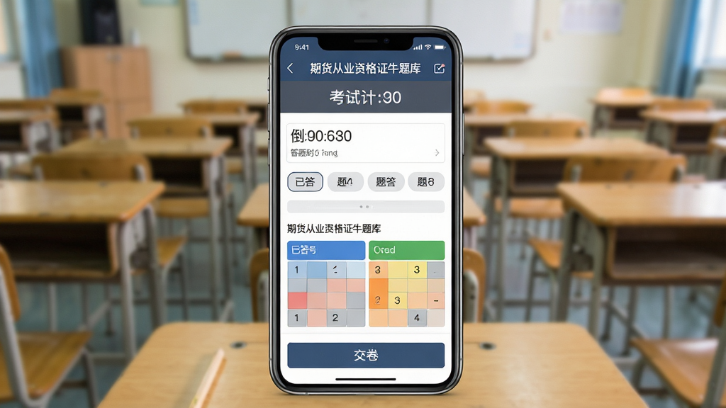 一张展示“期货从业资格证牛题库”模拟考试界面的预览图,画面中央是手机屏幕,屏幕内显示考试倒计时、答题卡和题目内容,答题卡上有已答和未答的色块区分,背景为考场桌椅的虚化场景,风格为考试系统界面展示,细节包括计时器、题号按钮和交卷按钮,画质清晰,画面干净,无多余元素。