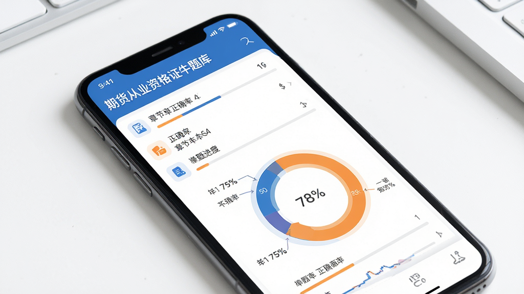 一张展示“期货从业资格证牛题库”错题本与数据分析页面的预览图,画面中央是手机屏幕,屏幕内显示错题列表和环形统计图表,图表中标明各章节正确率,配色以蓝色和橙色为主,背景为简洁的白色桌面,风格为数据可视化界面展示,细节包括进度条、数字标签和图标,画质高清,画面干净,无多余元素。