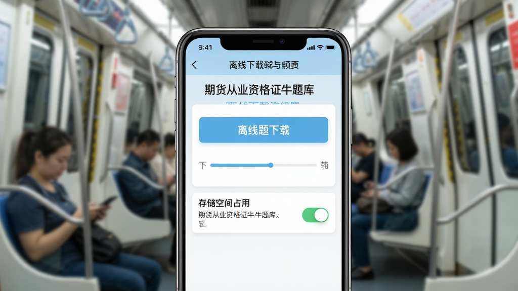 一张展示“期货从业资格证牛题库”离线下载与设置页面的预览图,画面中央是手机屏幕,屏幕内显示离线题库下载按钮和存储空间占用提示,界面设计简洁,以白色和浅蓝色为主,背景为地铁车厢的虚化场景,风格为工具类APP界面展示,细节包括下载进度条、开关按钮和文字说明,画质高清,画面干净,无多余元素。