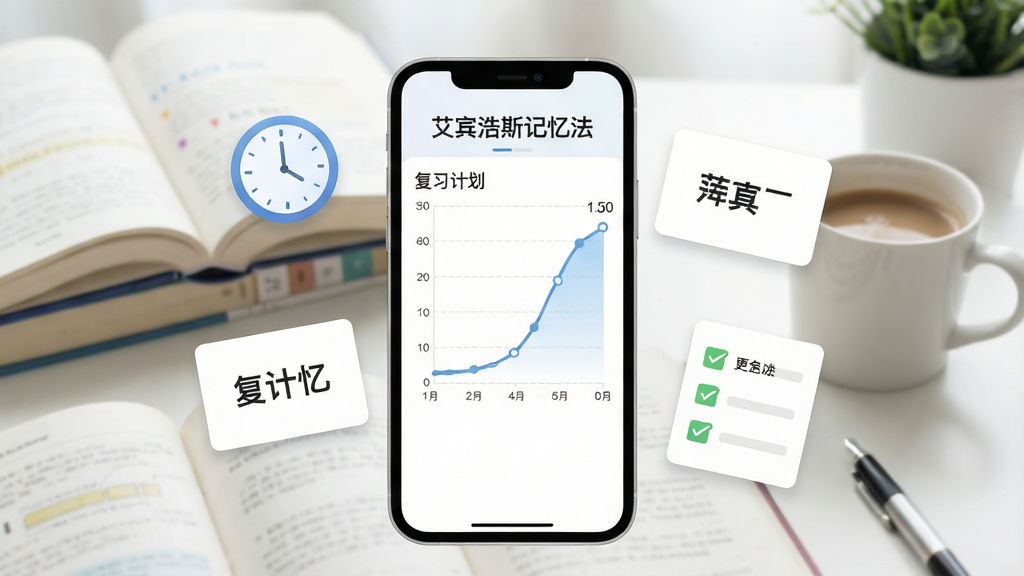 一张展示艾宾浩斯记忆法APP主界面的详细图片,画面中央是一个简洁的现代智能手机,手机屏幕上显示着带有曲线图表的复习计划表,周围环绕着漂浮的时钟图标、单词卡片和打勾的待办列表,背景是柔和的学习桌场景,有书本和咖啡杯,风格清新明亮,画质清晰,文字内容为中文“艾宾浩斯记忆法”,干净无多余元素