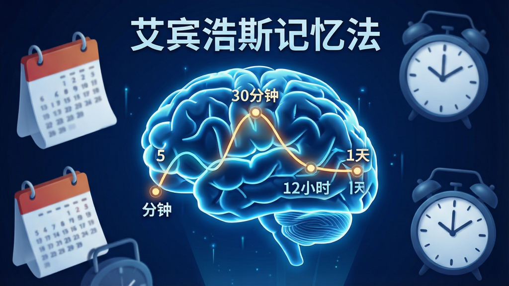 一张展示智能算法生成复习计划的图片,画面中心是一个发光的数字大脑,大脑表面浮现出波浪形的遗忘曲线和闪烁的时间节点标记,例如“5分钟”、“30分钟”、“12小时”、“1天”,周围环绕着日历和时钟元素,风格科技感强,背景深蓝色,画质细腻,文字清晰写着“艾宾浩斯记忆法”,干净整洁