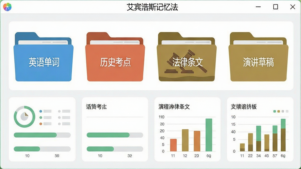 一张展示多维度记忆库管理界面的图片,画面中有一排色彩不同的文件夹图标,分别标注着“英语单词”、“历史考点”、“法律条文”、“演讲草稿”,文件夹旁边有进度条和统计图表,整体布局整齐,风格扁平化设计,画质清晰,软件名称“艾宾浩斯记忆法”显示在顶部,干净无多余元素