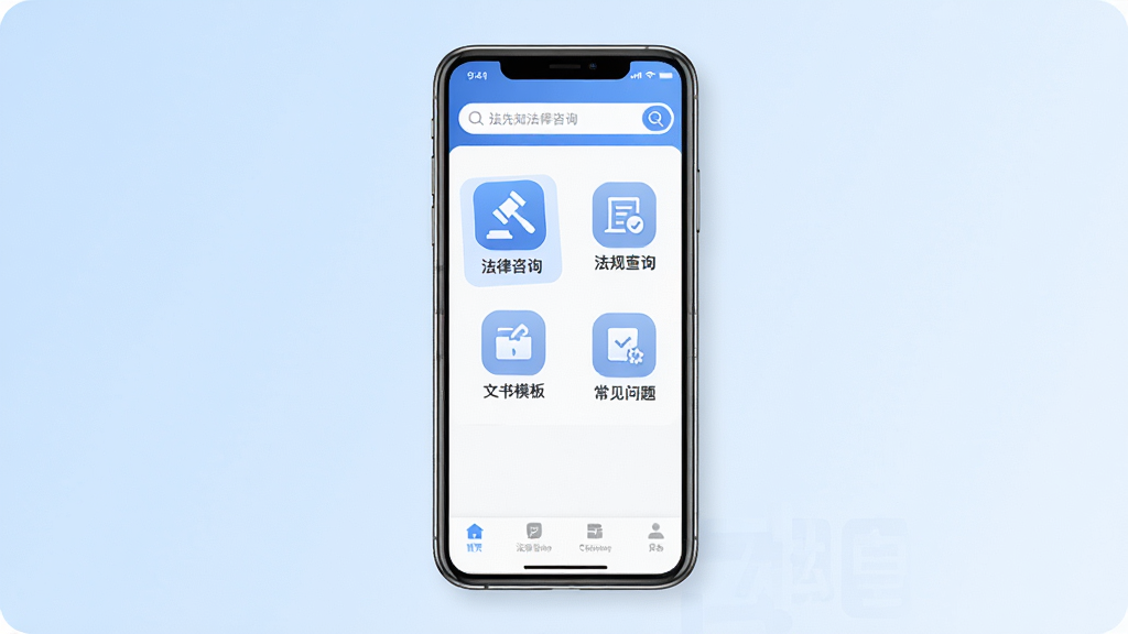 法先知法律咨询软件主界面全貌展示,画面中央是一部智能手机,屏幕上显示法先知法律咨询APP的首页布局,顶部有搜索框,中部有法律咨询、法规查询、文书模板、常见问题等功能图标,底部有导航栏,背景为干净的浅蓝色渐变,整体风格简洁商务,细节清晰,画质高清,干净,无多余元素