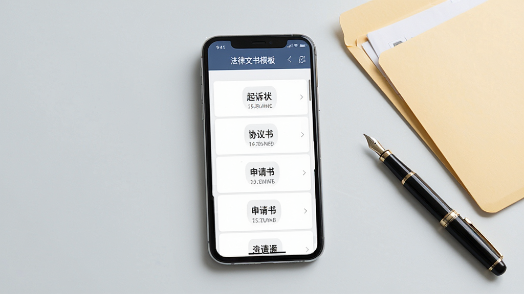 法先知法律咨询文书模板功能展示图,画面中手机屏幕显示法律文书模板列表,包含起诉状、协议书、申请书等条目,界面排版整齐,背景为淡灰色,旁边有文件夹和钢笔元素,风格简约商务,画质高清,干净,无多余元素