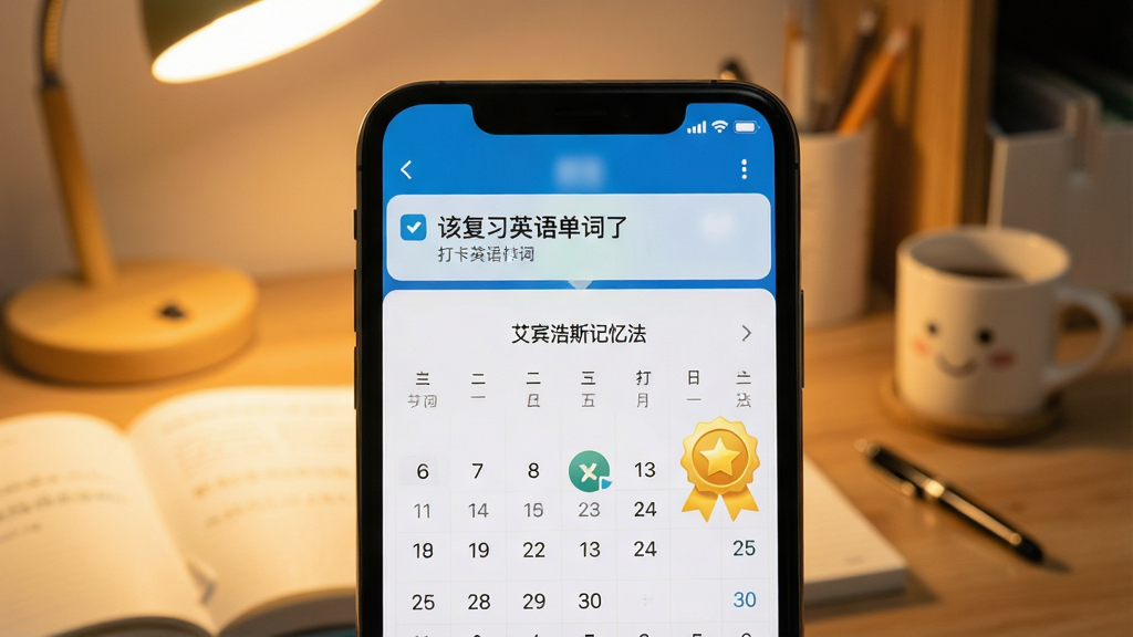 一张展示手机通知提醒和打卡成就界面的图片,画面中手机屏幕弹出“该复习英语单词了”的通知横幅,下方是打卡日历和金色的成就徽章,背景是温馨的桌面环境,风格亲切友好,画质清晰,文字包含“艾宾浩斯记忆法”,干净无多余装饰