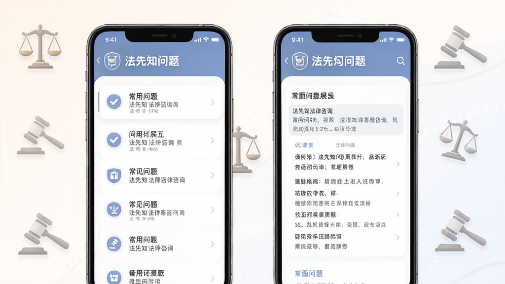 法先知法律咨询常见问题与界面展示图,手机屏幕显示常见问题列表和解答内容,界面配色柔和,布局清晰,背景有法律相关图标点缀,整体风格简洁友好,画质高清,干净,无多余元素