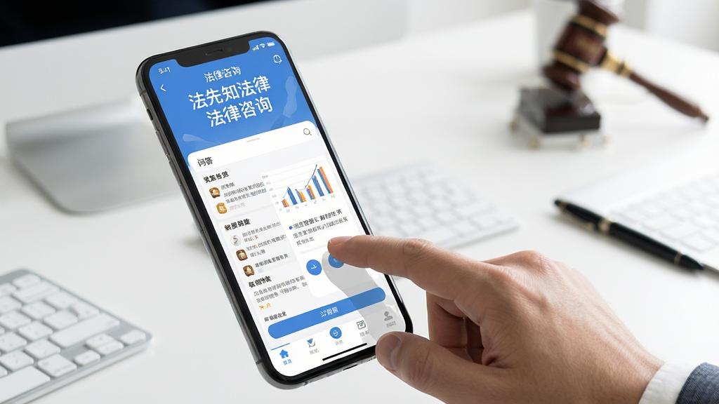 法先知法律咨询移动端操作界面展示图,手机屏幕显示应用首页和问答界面,画面中有手指点击屏幕的示意,背景为简洁的办公桌面,风格清晰实用,画质高清,干净,无多余元素