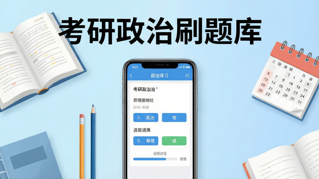 考研政治刷题库软件主界面展示,画面中央是一部智能手机,屏幕显示政治题库练习页面,上方有醒目的软件名称