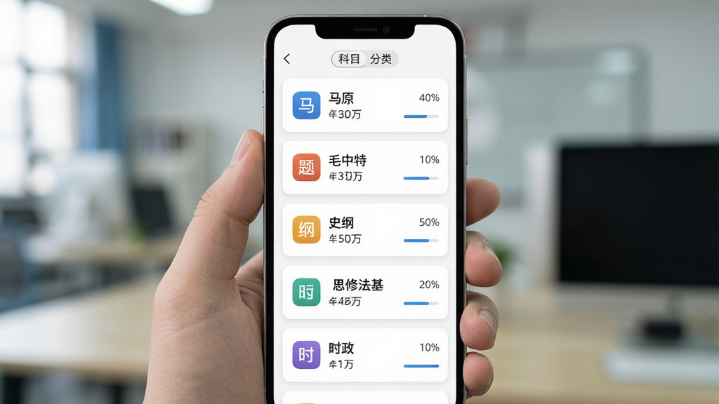 考研政治刷题库题库分类界面,画面展示手机屏幕中清晰的科目分类列表,包括马原、毛中特、史纲、思修法基、时政等模块,每个模块配有图标和题目数量标识,背景为白色卡片式设计,风格简洁商务,细节包括分类标签和进度百分比,画质清晰干净,无多余元素