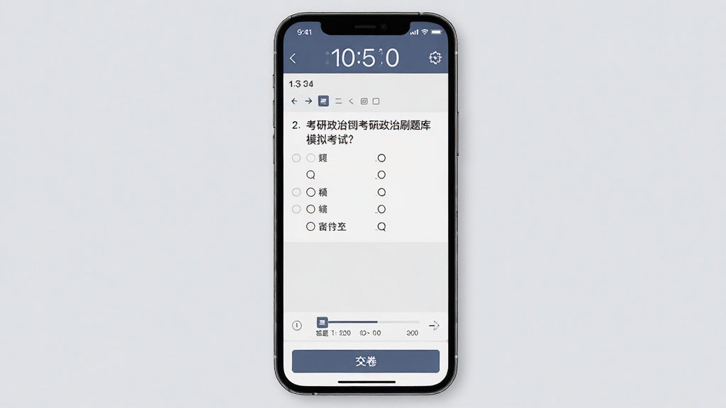 考研政治刷题库模拟考试界面,画面展示手机屏幕中正在进行的模拟考试页面,顶部有倒计时器,中间是选择题题干和选项,底部有答题卡进度显示,背景为淡灰色,风格沉稳专注,细节包括题号导航和交卷按钮,画质清晰干净,无多余元素