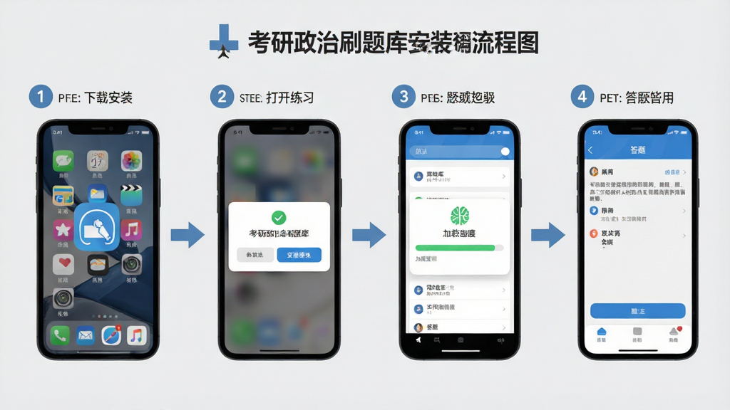 考研政治刷题库安装使用流程图,画面展示从下载安装到打开练习的完整步骤,包括手机桌面图标、安装确认弹窗、题库加载进度条、答题界面四个场景串联排列,背景为浅灰色,风格扁平化信息图,细节包括步骤序号和箭头指引,画质清晰干净,无多余元素