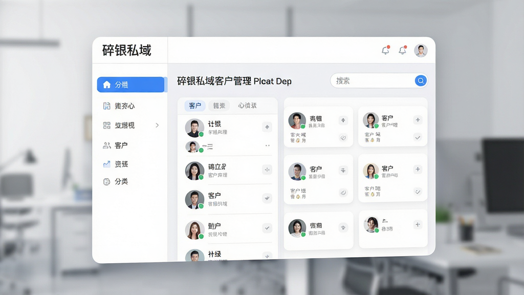 画面主体为一块悬浮的虚拟数据面板,面板中显示“碎银私域”客户管理界面,包含标签分类、客户头像列表与搜索框;布局为左右分栏,左侧为分组导航,右侧为客户卡片;排版整齐,顶部有“碎银私域”文字标识;风格为简约商务风,配色以白色、浅灰与蓝色为主;细节包括圆角卡片、细腻的分割线、清晰的图标;画质高清,干净,无多余元素
