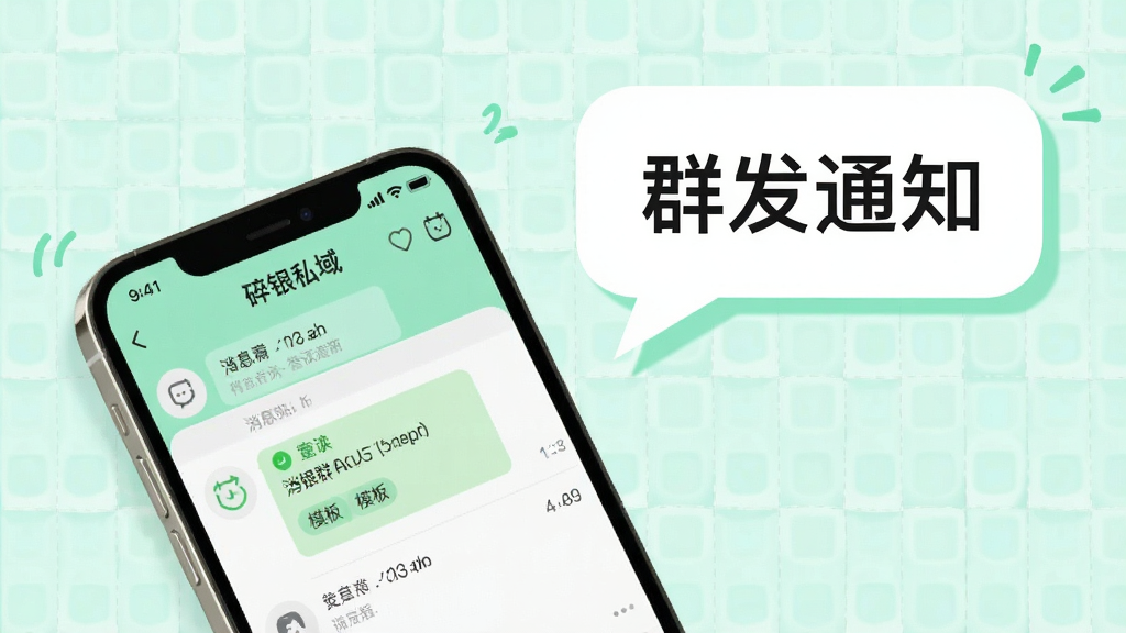 画面主体为一部手机与一个对话气泡组合,手机屏幕显示“碎银私域”消息群发界面,气泡中写有“群发通知”字样;布局为对角线构图,手机位于左下,气泡向右上延伸;排版活泼,背景有淡淡的网格纹理;风格为清新浅色系,主色为薄荷绿与白色;细节包括消息已读标记、定时图标、模板标签;画质高清,干净,无多余元素
