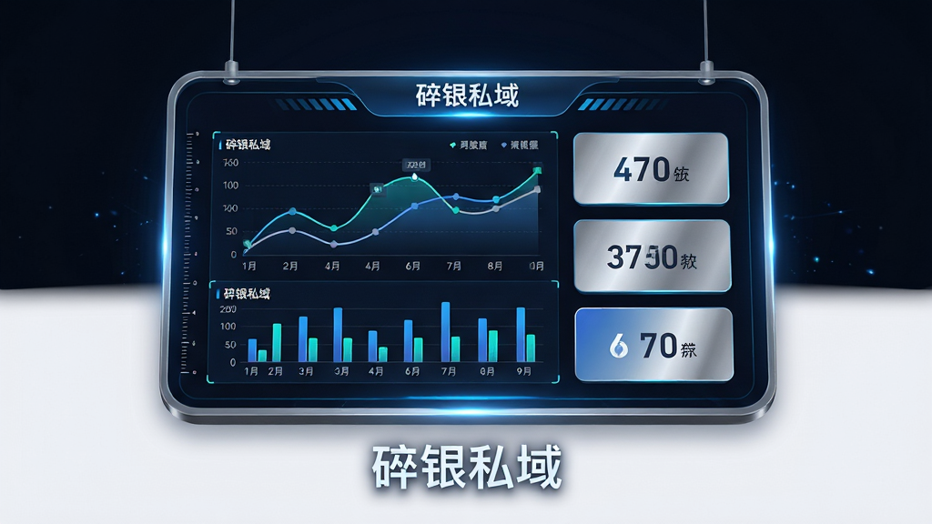 画面主体为一个悬浮的数据仪表盘,仪表盘上显示“碎银私域”数据看板,包含折线图、柱状图与数字卡片;布局为居中对称,仪表盘下方有“碎银私域”文字;排版清晰,图表颜色区分明显;风格为科技数据风,深色背景搭配荧光蓝与银色;细节包括动态光效、精细刻度、圆角边框;画质高清,干净,无多余元素