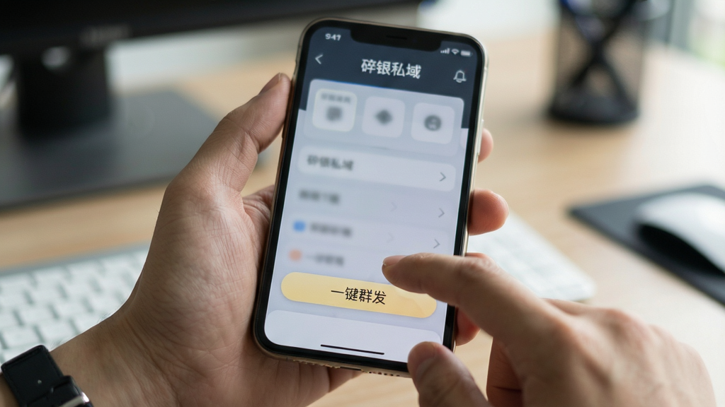 画面主体为一双手持握智能手机,屏幕显示“碎银私域”操作界面,手指正在点击“一键群发”按钮;布局为特写镜头,手机占据画面中心;排版自然,背景为虚化的办公桌面;风格为真实生活场景风,光线柔和;细节包括手指动作、屏幕反光、界面按钮高亮;画质高清,干净,无多余元素