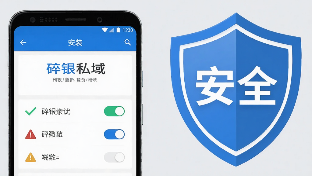 画面主体为一部安卓手机与一个盾牌图标,手机屏幕显示“碎银私域”安装界面,盾牌上写有“安全”字样;布局为左右结构,手机在左,盾牌在右;排版稳定,背景为浅灰色;风格为安全提示风,配色为蓝色与白色;细节包括勾选标记、权限开关、警告图标;画质高清,干净,无多余元素