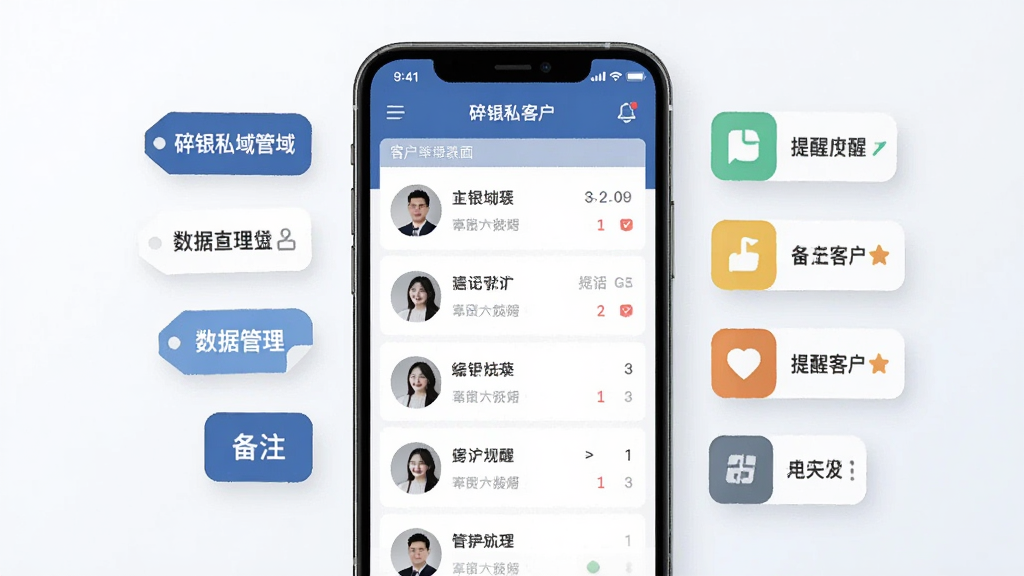 一张以碎银私域客户管理界面为主题的AI生图,画面主体为手机屏幕展示客户列表,屏幕旁边漂浮着标签、备注、提醒等图标,布局采用左右分栏,排版整齐,风格为扁平化商务风,细节上体现数据整理与分类,画质高清,干净,无多余元素