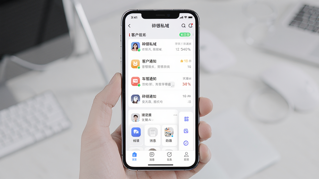 一张展示碎银私域手机应用主界面的预览图,画面中央为手机屏幕,屏幕内显示碎银私域应用界面,包含客户列表、消息通知和功能菜单等模块,整体布局清晰,排版简洁,风格为现代科技感,细节上突出应用图标和界面元素,画质高清,干净,无多余元素