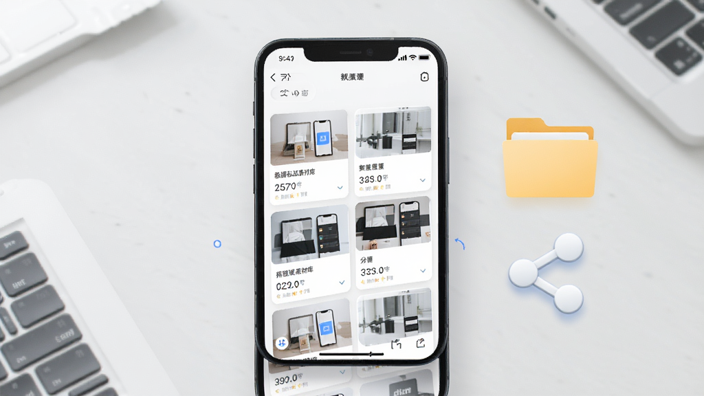 一张以碎银私域素材库为主题的AI生图,画面主体为手机屏幕展示素材卡片列表,屏幕旁有文件夹和分享图标,布局为上下结构,排版有序,风格为现代简约风,细节上体现内容管理与分发,画质高清,干净,无多余元素