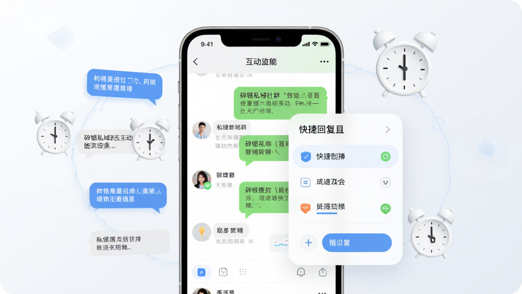 一张展示碎银私域社群互动功能的AI生图,画面主体为手机屏幕显示聊天界面与快捷回复面板,周围环绕消息气泡和时钟图标,布局为居中构图,排版清晰,风格为清新简约风,细节上突出互动与效率,画质高清,干净,无多余元素