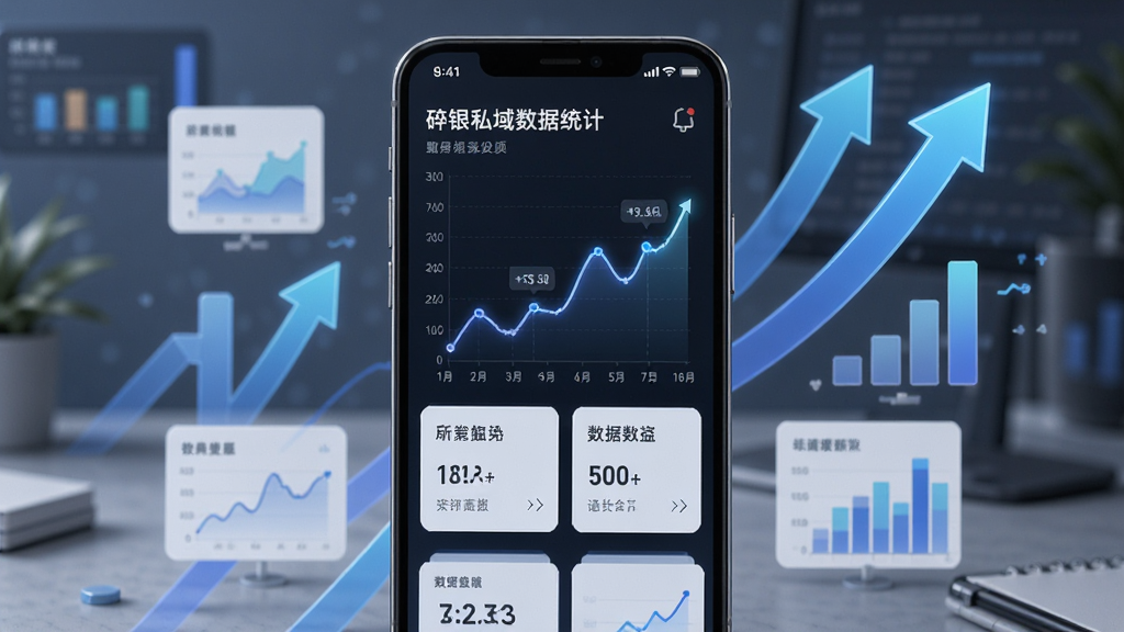 一张展示碎银私域数据统计页面的AI生图,画面主体为手机屏幕显示折线图与数据卡片,周围有上升箭头和图表元素,布局为居中排版,风格为科技数据风,细节上突出数据可视化,画质高清,干净,无多余元素