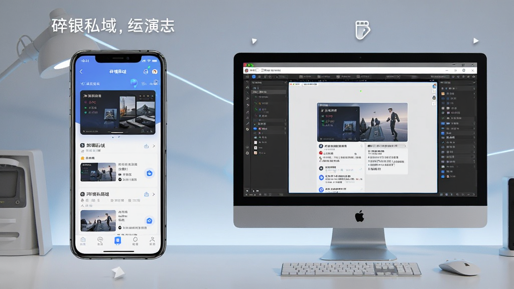 一张展示碎银私域在手机与电脑模拟器上同时运行的场景图,画面左侧为手机显示应用界面,右侧为电脑屏幕显示模拟器窗口,布局为左右对比,风格为科技演示风,细节上突出多端适配,画质高清,干净,无多余元素