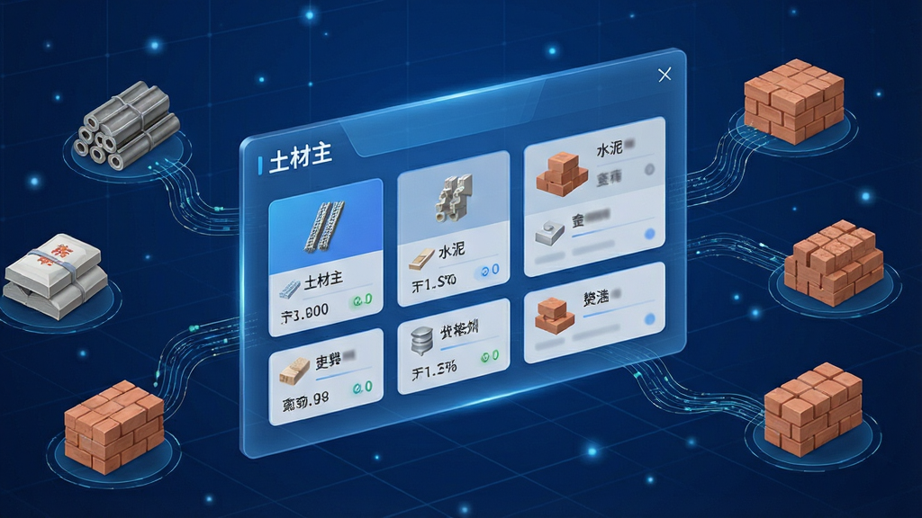 一个充满科技感的建材数据可视化场景。画面中央悬浮着一块半透明的蓝色数据面板,面板上整齐排列着“土材主”软件中各类建材的图标和数据卡片,包括钢筋、水泥、砖块等。面板周围有流动的数据线条连接着不同的建材三维模型。背景是深蓝色的数字空间,带有淡淡的网格线和光点。整体风格偏商务科技,细节清晰,排版规整,画质干净明亮,无多余元素。