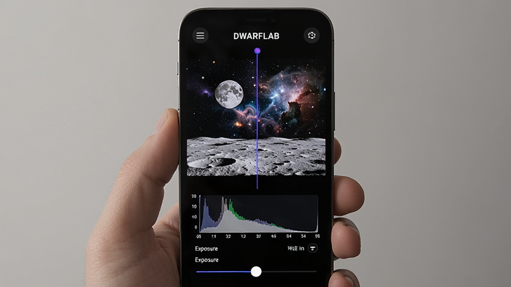 手机屏幕显示DWARFLAB实时预览画面,画面中有月面或星云,屏幕下方有曝光、增益调节滑块,主体为手机与界面,布局为竖版居中,排版直观,风格为写实UI风,细节包含直方图、对焦峰值线,画质高清,干净,无多余元素