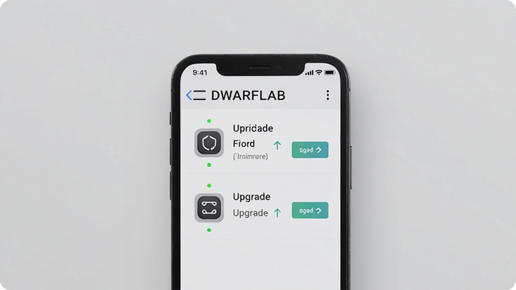 一部手机显示DWARFLAB设备管理列表,列表中有两台设备图标与固件升级按钮,背景为简洁浅色,主体为手机与设备列表,布局为居中排版,风格为简约商务风,细节包含设备状态指示灯、升级箭头,画质高清,干净,无多余元素