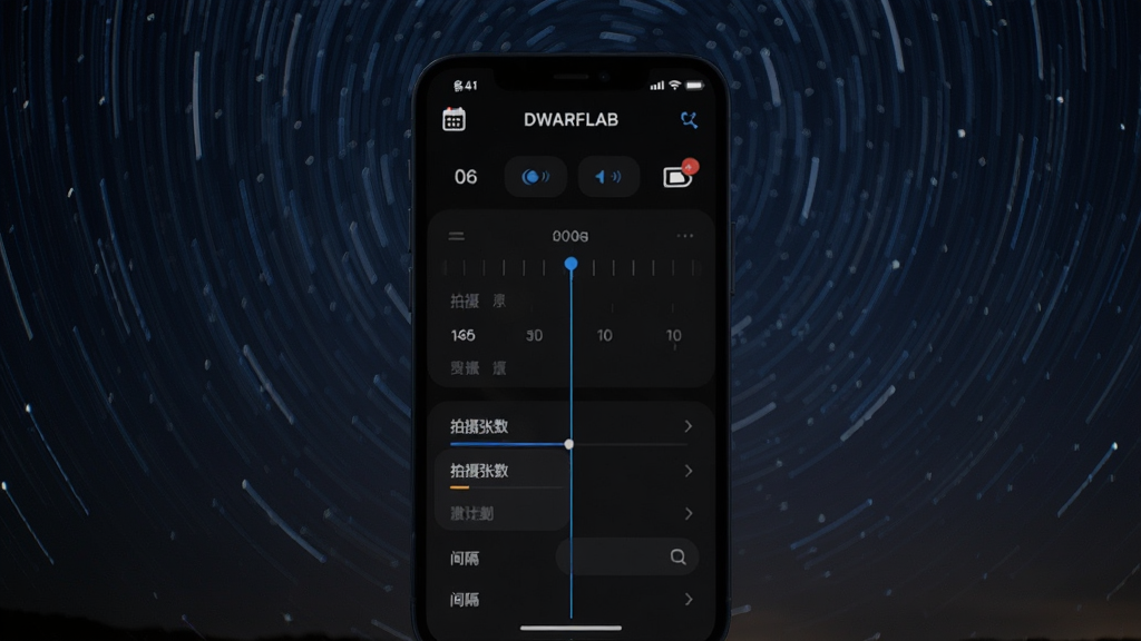 手机显示DWARFLAB拍摄计划设置界面,界面中有时间轴、拍摄张数与间隔设置,背景为夜空与星轨,主体为手机与界面,布局为居中构图,风格为科技暗色风,细节包含日历图标、延时摄影标识,画质高清,干净,无多余元素