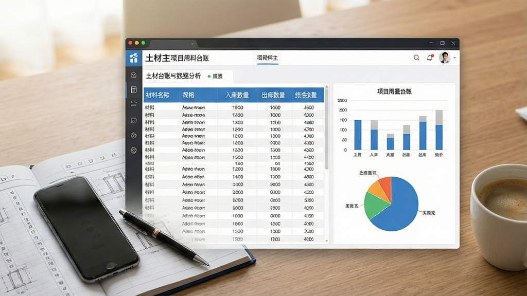 一张展示电子台账与数据分析的办公场景图。画面主体是“土材主”软件中的项目用料台账界面,表格中整齐排列着材料名称、规格、入库数量、出库数量和结余数量,右侧配有柱状图和饼状图。手机放在一本翻开的工程日志上,旁边有一支笔和一杯咖啡。背景是木质桌面,光线柔和,排版工整,画质清晰,干净无多余元素。