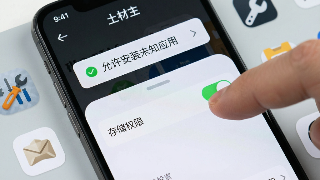 一张手机屏幕特写,展示“土材主”APP的设置与权限管理界面。画面中手指正在点击“存储权限”开关,屏幕上方有“允许安装未知应用”的提示气泡。背景是浅灰色的手机桌面,旁边散落着几个工具图标。风格写实清晰,排版简洁,画质干净,无多余元素。