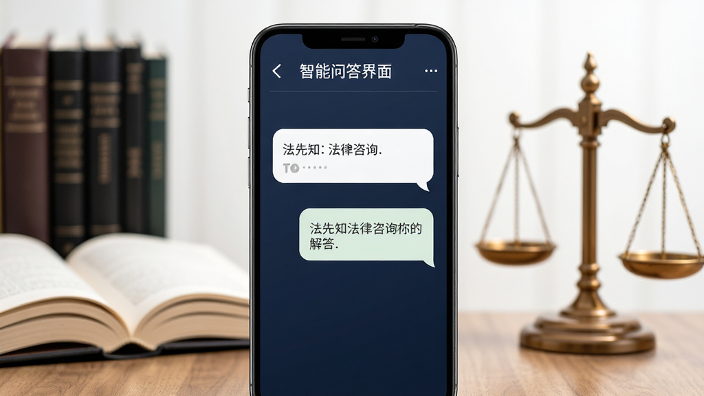 法先知法律咨询 智能问答界面,手机屏幕显示用户输入问题后系统给出法律解答,背景有书本和天平元素点缀,主体为手机和问答气泡,布局居中,风格简洁商务,细节清晰,画质干净,无多余元素