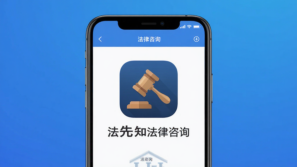 法先知法律咨询 手机应用界面展示,画面中央是一部智能手机,屏幕显示法律咨询问答页面,背景是简洁的蓝色渐变,主体突出应用图标和名称,排版干净整齐,现代扁平化风格,细节清晰,画质高清,无多余元素