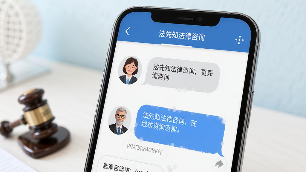 法先知法律咨询 在线咨询功能展示,手机屏幕显示对话式咨询界面,用户与律师头像对话,背景柔和浅色,主体为手机和聊天气泡,布局清晰,风格亲和专业,细节丰富,画质高清,无多余元素