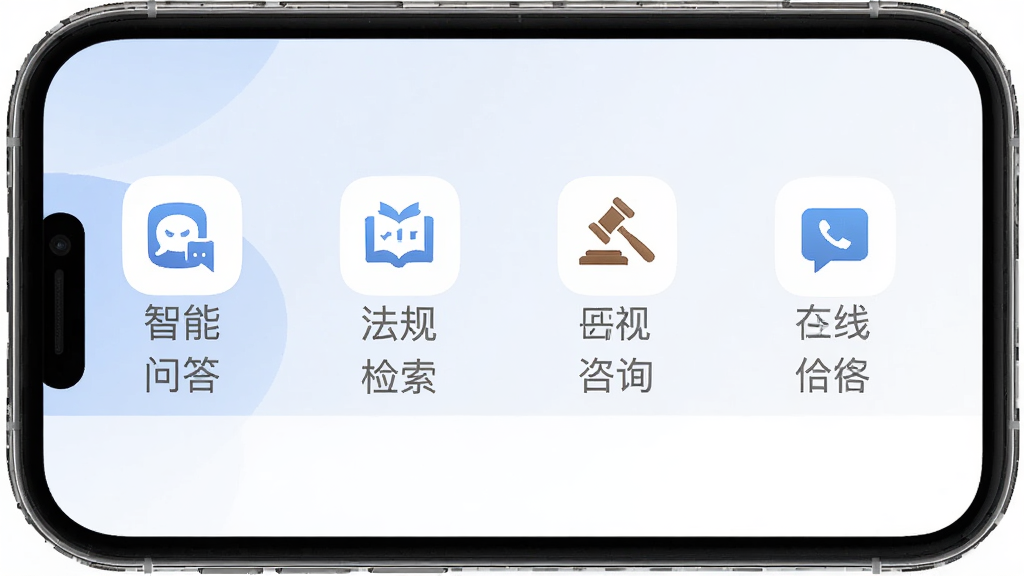 法先知法律咨询 移动端操作界面,手机屏幕展示应用首页布局,包含智能问答、法规检索、在线咨询等图标,背景简洁,主体为手机和功能图标,排版整齐,风格现代简约,细节清晰,画质高清,无多余元素