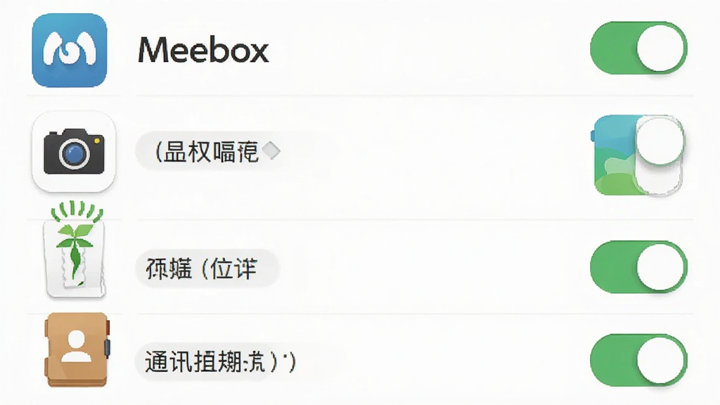 一张手机权限管理界面示意图,画面中“Meebox”应用显示权限列表,包含相机、位置、通讯录等图标,每个权限旁边有开关按钮,布局为纵向列表,风格为安全工具类界面,细节上图标简洁、文字清晰,画质高清,画面干净,无多余元素