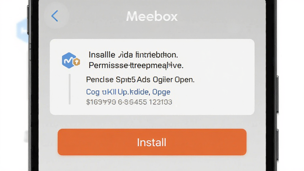一张手机操作步骤示意图,画面中展示“Meebox”安装界面,包含权限开启提示和安装按钮,布局为手机屏幕样式,风格为教程类截图,细节上文字清晰、按钮突出,画质高清,画面干净,无多余元素
