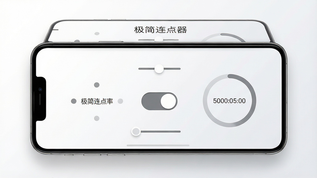 极简连点器手机应用主界面截图,画面中央展示一个简洁的连点开关按钮,周围环绕频率调节滑块与启动倒计时圆环,背景为纯白浅灰渐变,手机屏幕悬浮在画面上方,整体风格干净清爽,UI元素边缘锐利,高分辨率,无多余装饰,文字清晰显示“极简连点器”