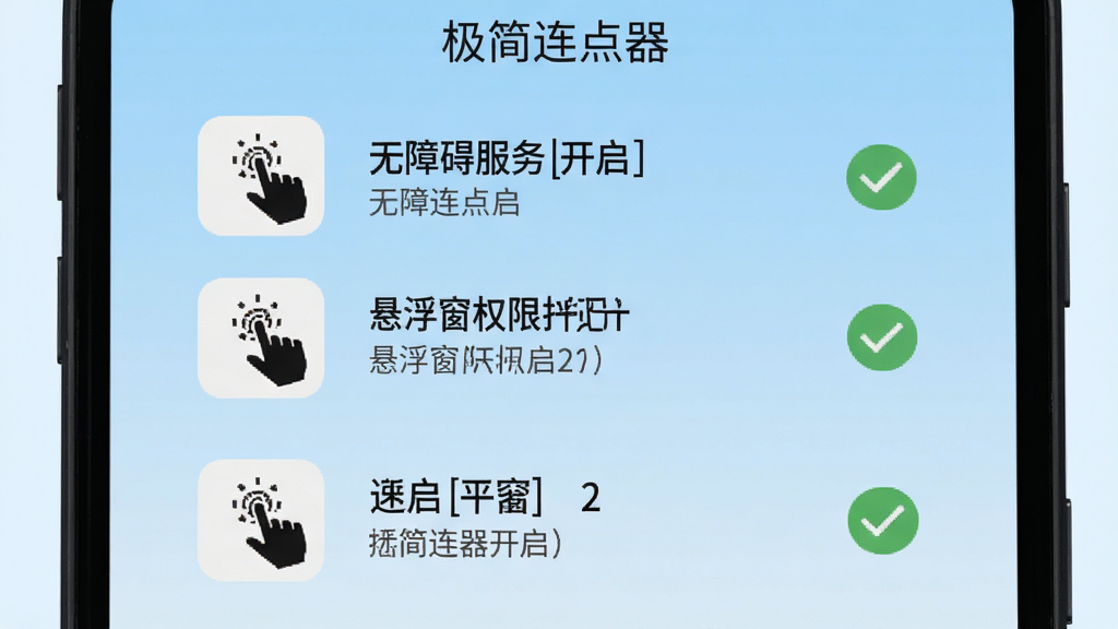 极简连点器权限设置操作指引图,画面展示手机屏幕从上到下依次排列无障碍服务开启步骤与悬浮窗权限开启步骤,每一步配有手指点击图标和勾选标记,背景为浅蓝色渐变,图标简洁清晰,整体干净无杂乱元素,文字标注“极简连点器”