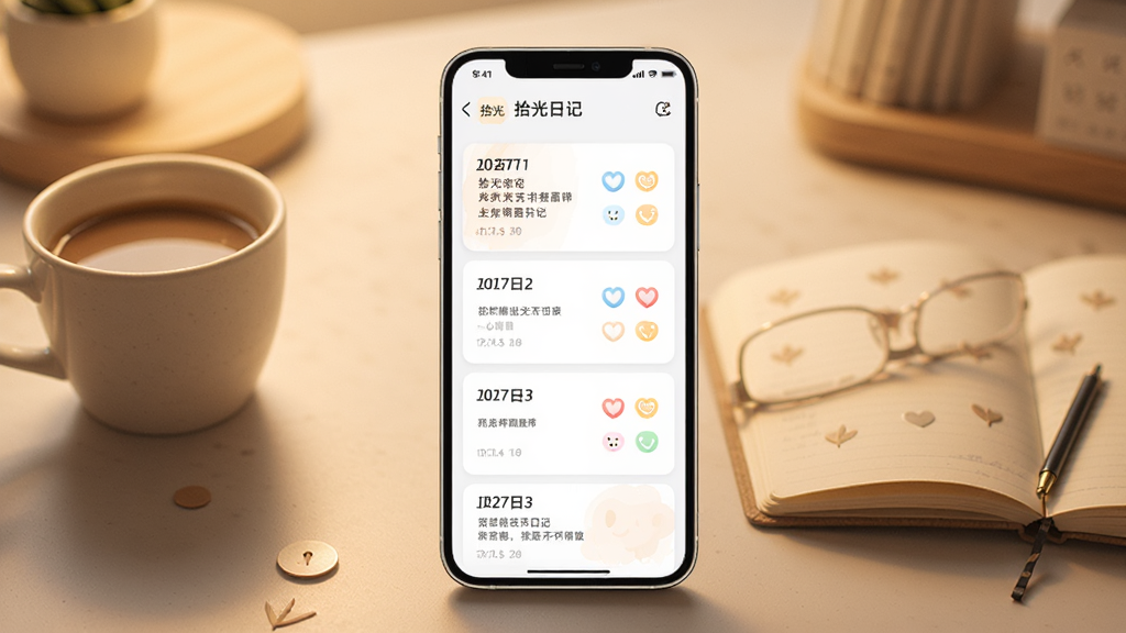一张展示拾光日记手机应用主界面的高清渲染图,画面中央是一部现代智能手机,屏幕上显示着拾光日记的日记列表页面,页面中有日期卡片和心情图标,背景是柔和的暖色调书桌场景,旁边放着一杯咖啡和一本翻开的纸质笔记本,整体风格温馨治愈,画面干净整洁,文字清晰可辨,画质细腻,无多余元素,适合软件下载站展示使用
