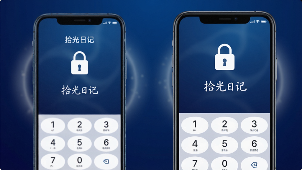 拾光日记应用私密安全功能展示图,画面中一部手机显示密码解锁界面,锁形图标和数字键盘清晰可见,背景是深蓝色渐变,带有柔和的光晕效果,画面中有一行文字写着“拾光日记”,整体风格科技感与安全感并存,细节丰富,画质高清,干净无多余元素
